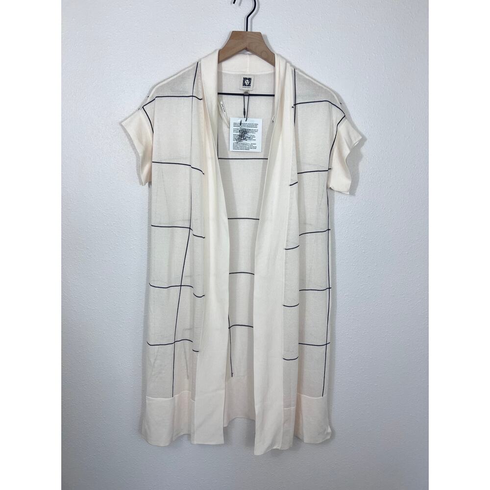 Anne Klein Cream Black Windowpane Knit Cardigan NWT Size XXS/XS $129
